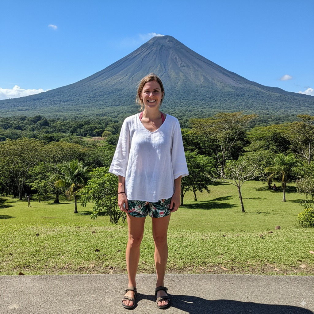 Costa Rica volcanoes – panoramic view of Arenal Volcano with lush rainforest and clouds, iconic nature and adventure tour destination in Costa Rica