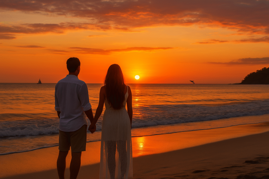 Romantic couple holding hands on a white-sand beach in Costa Rica at sunset, with a sailboat and whale in the distance – perfect scene for Costa Rica honeymoon packages.