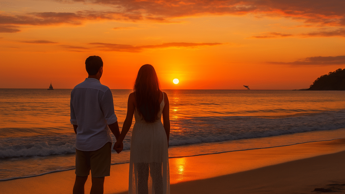 Romantic couple holding hands on a white-sand beach in Costa Rica at sunset, with a sailboat and whale in the distance – perfect scene for Costa Rica honeymoon packages.
