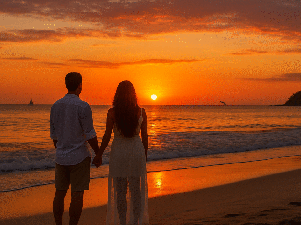 Romantic couple holding hands on a white-sand beach in Costa Rica at sunset, with a sailboat and whale in the distance – perfect scene for Costa Rica honeymoon packages.