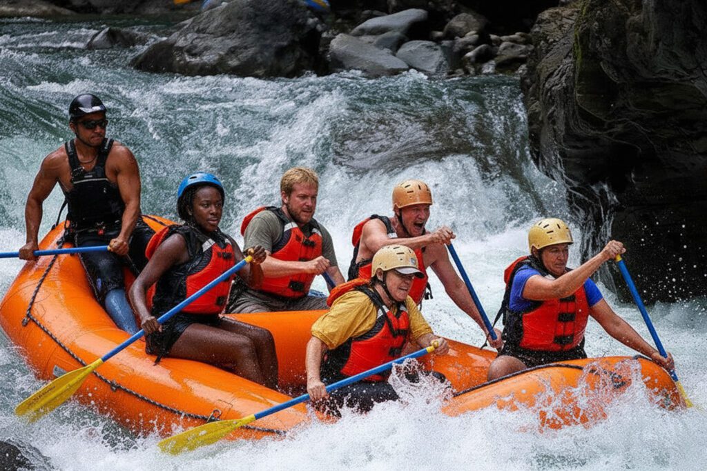 White-water rafting on the Pacuare River in Costa Rica, tourists in blue raft navigating Class IV rapids surrounded by tropical jungle adventure.