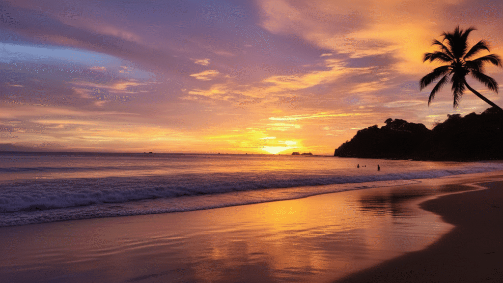 Tamarindo Beach Costa Rica with golden sand, surf waves, and tropical sunset – top destination for surfing, tours and honeymoons
