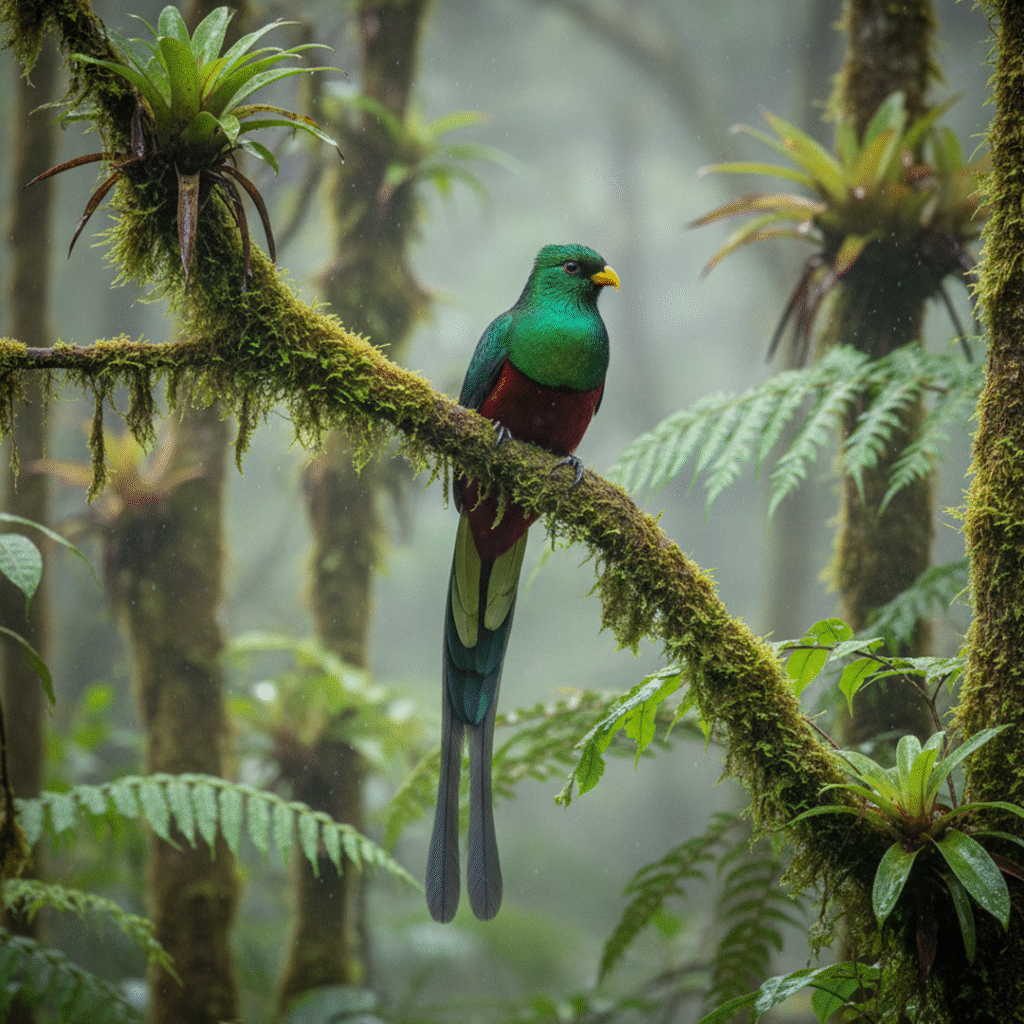 Resplendent quetzal perched on a moss-covered branch in the Costa Rican cloud forest, highlight of Costa Rica birding trips and bird watching tours