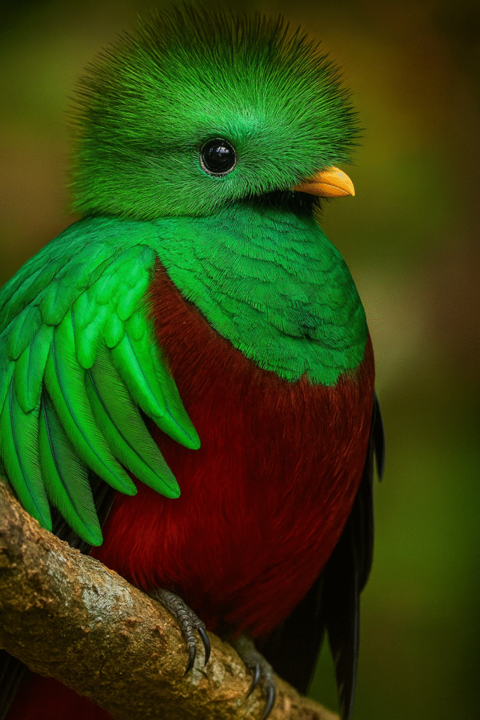 Close-up of a resplendent quetzal with vibrant green feathers and red chest, iconic species highlighted in Costa Rica birding trips and bird watching tours