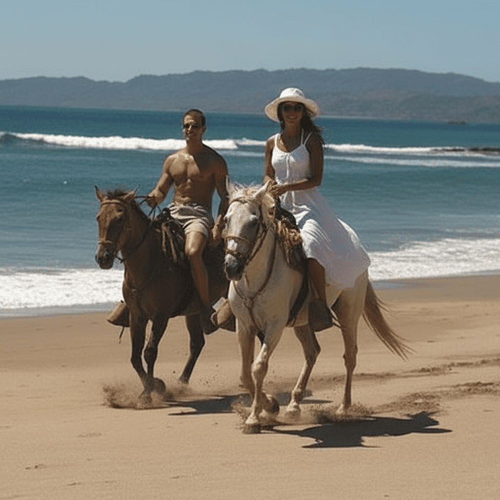 Couple horseback riding on Tamarindo Beach Costa Rica during sunset – romantic tour and honeymoon experience